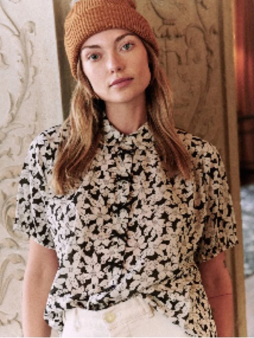 The Great - The Bow Front Kerchief Top in Black Needle Point Floral Print